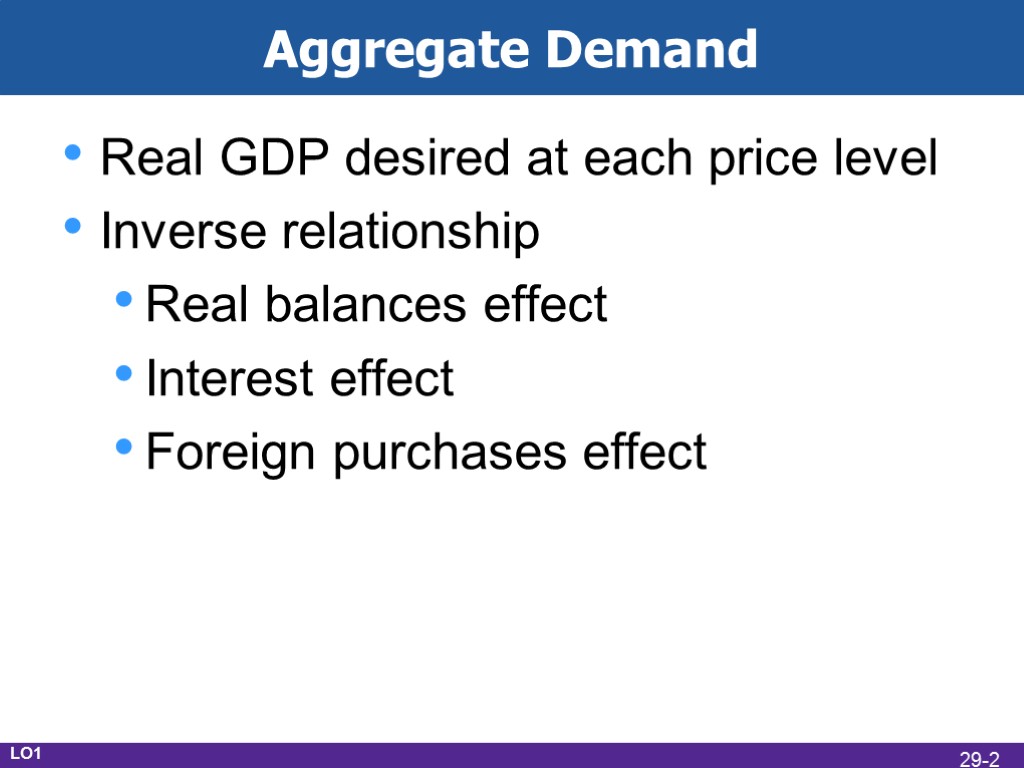 Aggregate Demand Real GDP desired at each price level Inverse relationship Real balances effect